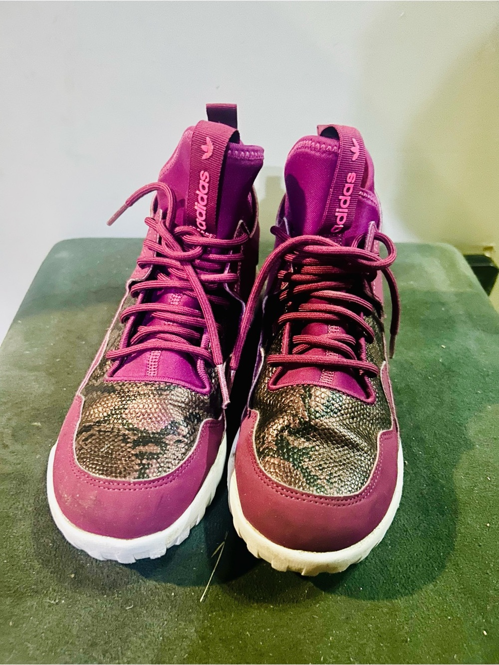 ADIDAS Tubular Maroon & Snake
Print High Top Sneakers
